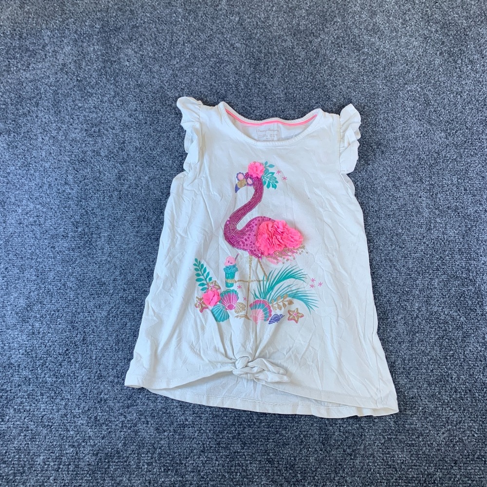 Tommy Bahama Top Girls M 10/12 White Good Sequin Flamingo Ruffle Knot Front
